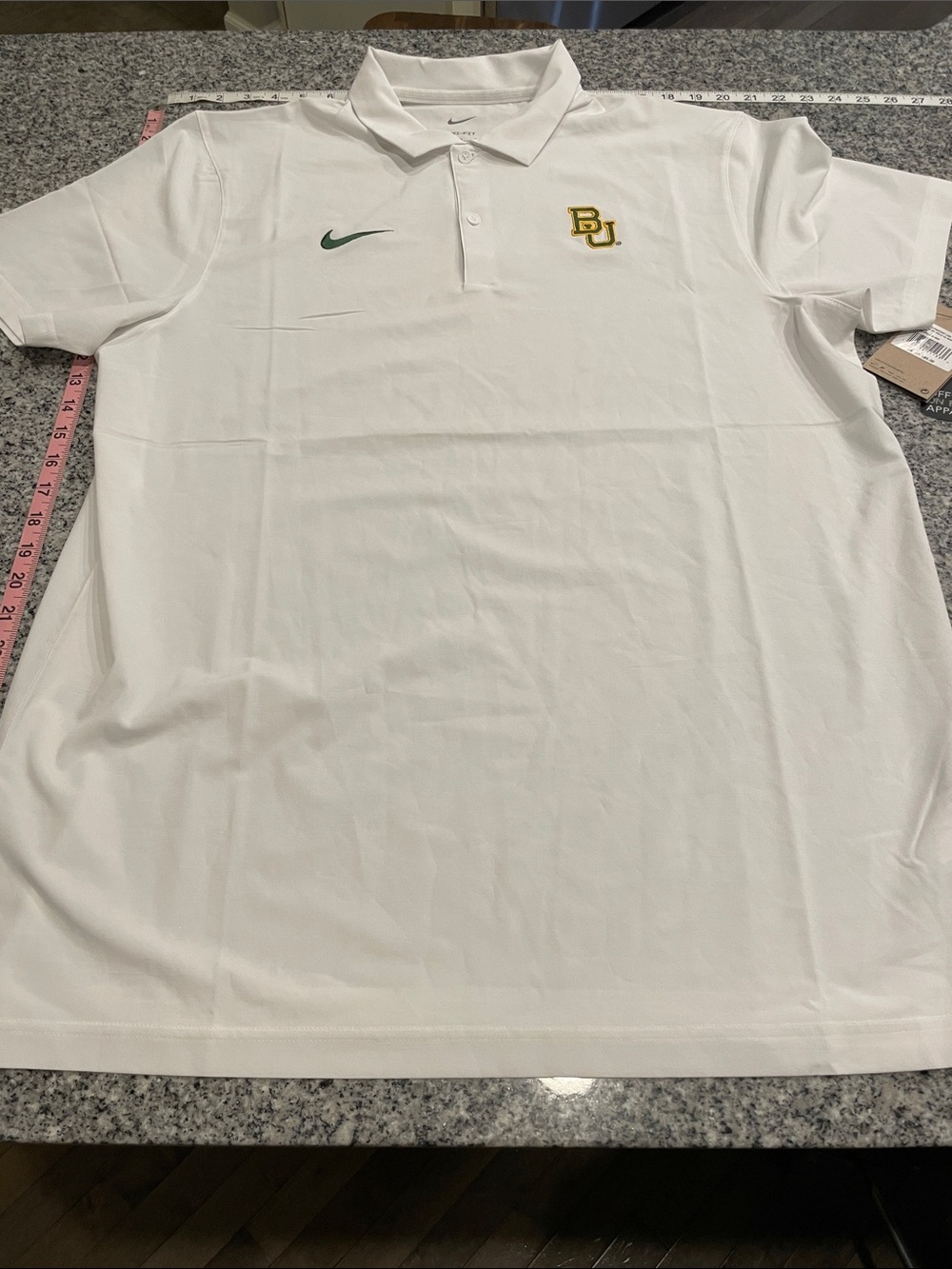 NWT Nike White Baylor University Polo with Green Swoosh and Gold BU Logo